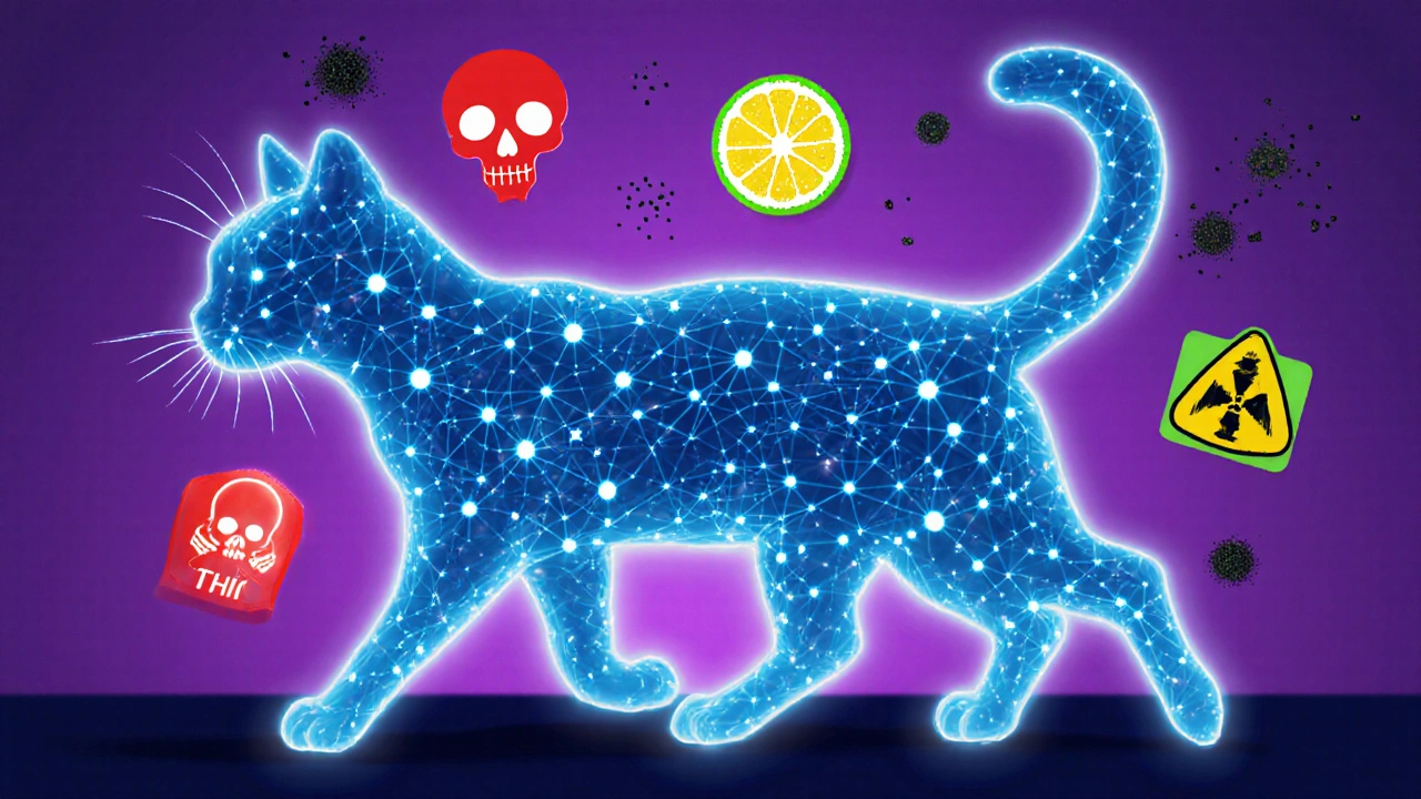 Ilustrace kočičího endokanabinoidního systému s varovnými ikonami THC a esenciálních olejů.