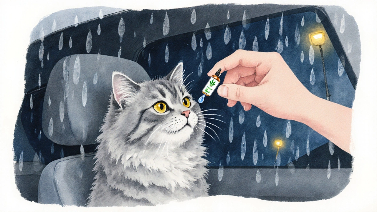 Kočka v autě během bouřky, majitel podává CBD kapky, pocit úlevy.