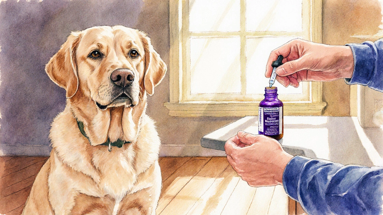 Labrador čeká, zatímco majitel měří kapku melatoninu kapátkem na kuchyňské podlaze.