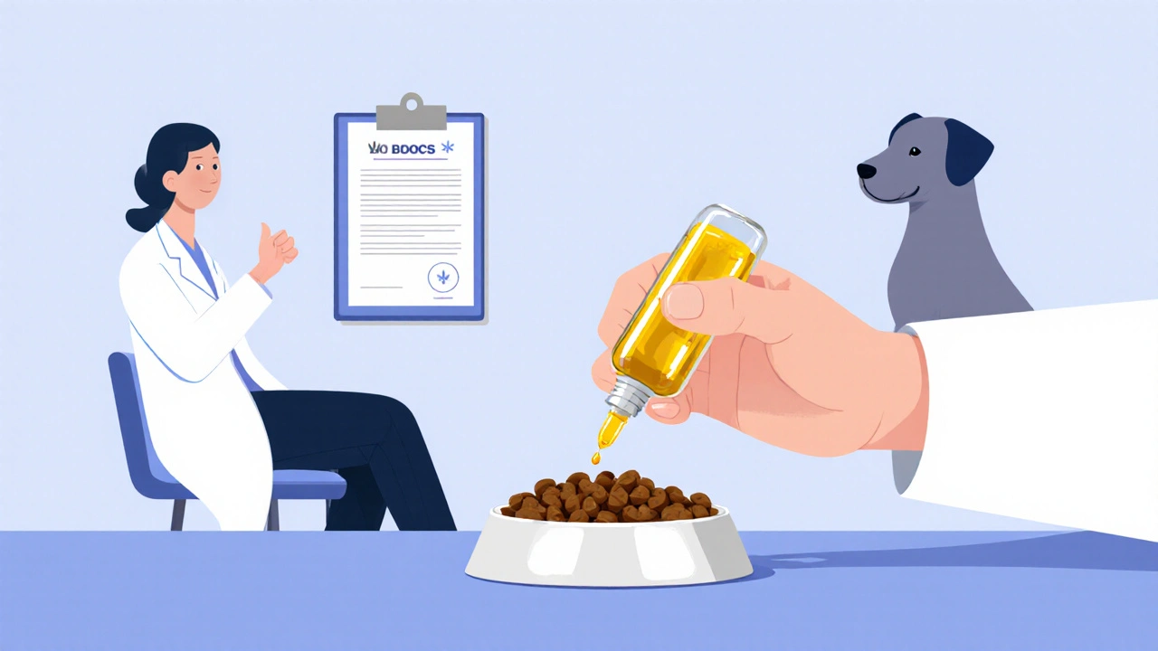 Majitel kapátkem podává CBD olej psovi, vedle certifikátu a veterináře.