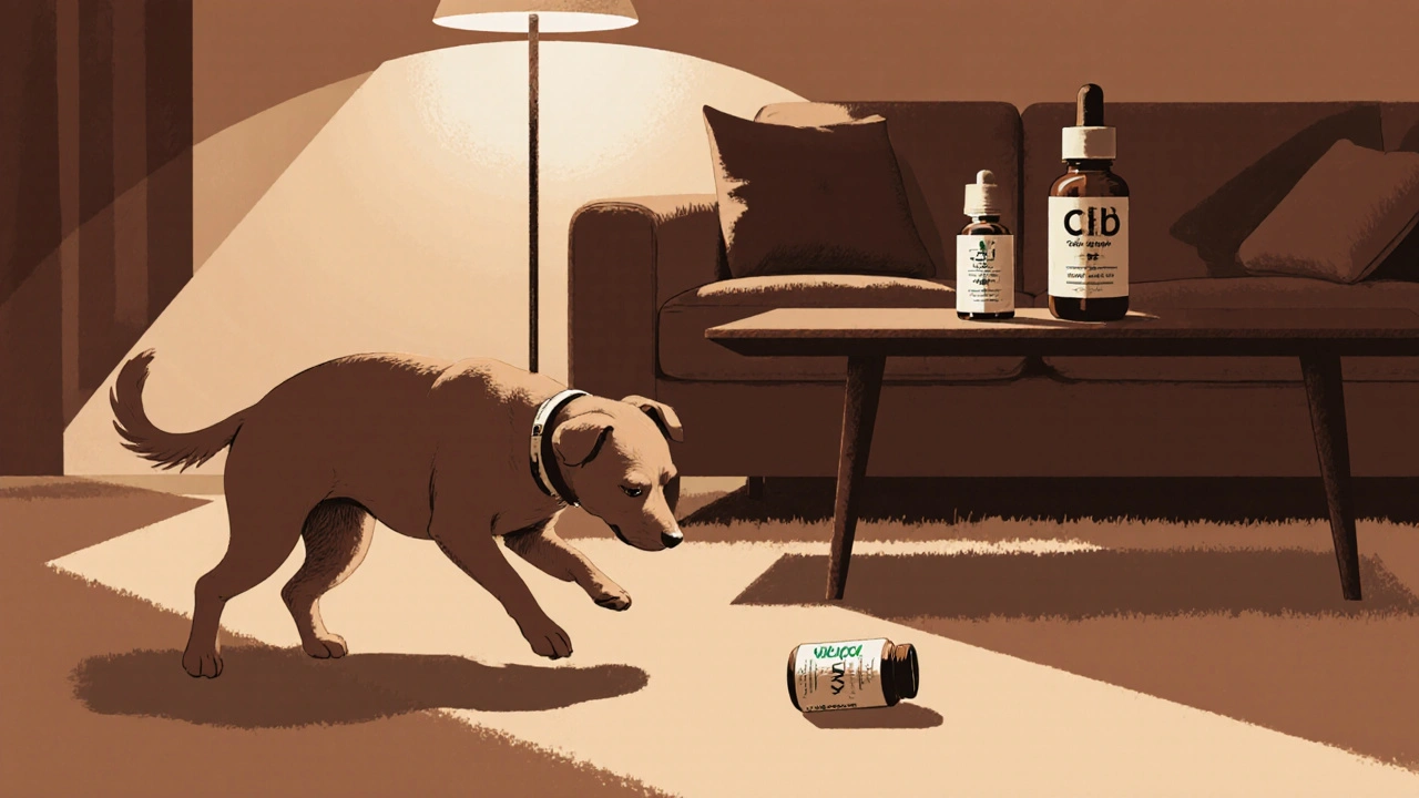 Malý pes krouží na koberečku, ztrácí rovnováhu, poblíž je láhev CBD.