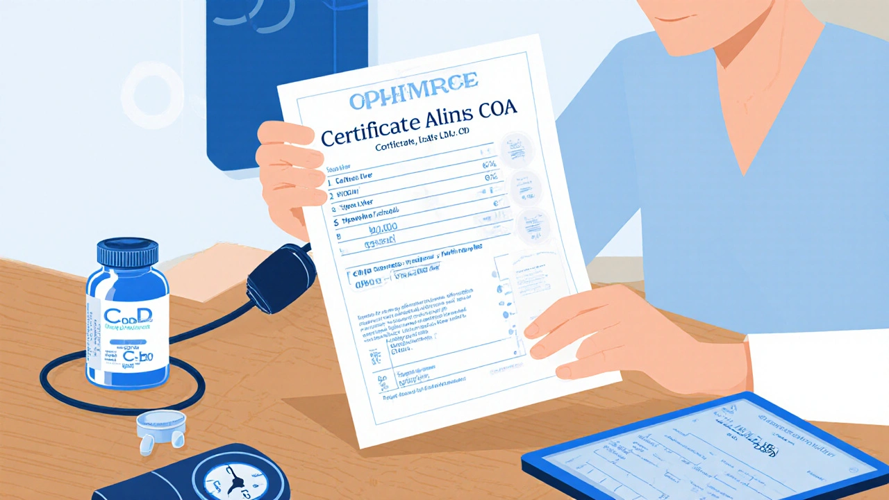 Osoba s lékařem prohlíží certifikát analýzy CBD, připojené měření tlaku.