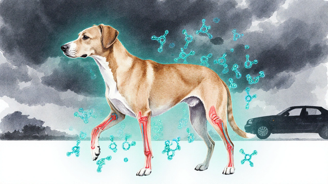 Pes s artritidou pomalu vstává, zatímco CBD molekuly uklidňují jeho klouby.