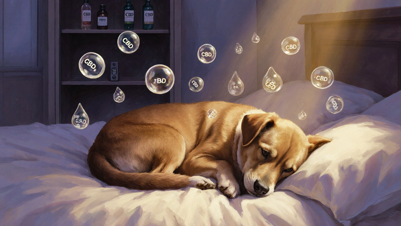 Pes spí klidně, kolem něj se rozptylují kapky CBD, symbolizující přirozené vyloučení.