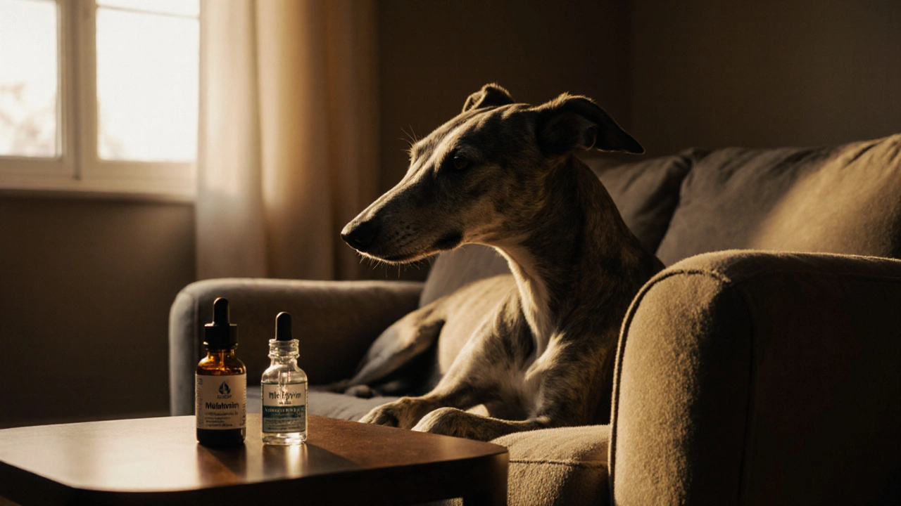 Starší greyhound odpočívá na pohovce při ranním světle, vedle melatoninové láhve a CBD kapátka.