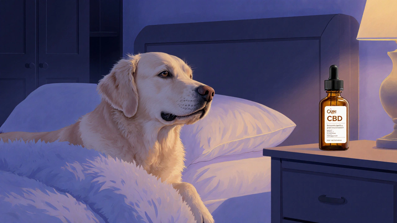 Starší pes odpočívá v posteli, vedle stojí lahvička CBD v nočním osvětlení.