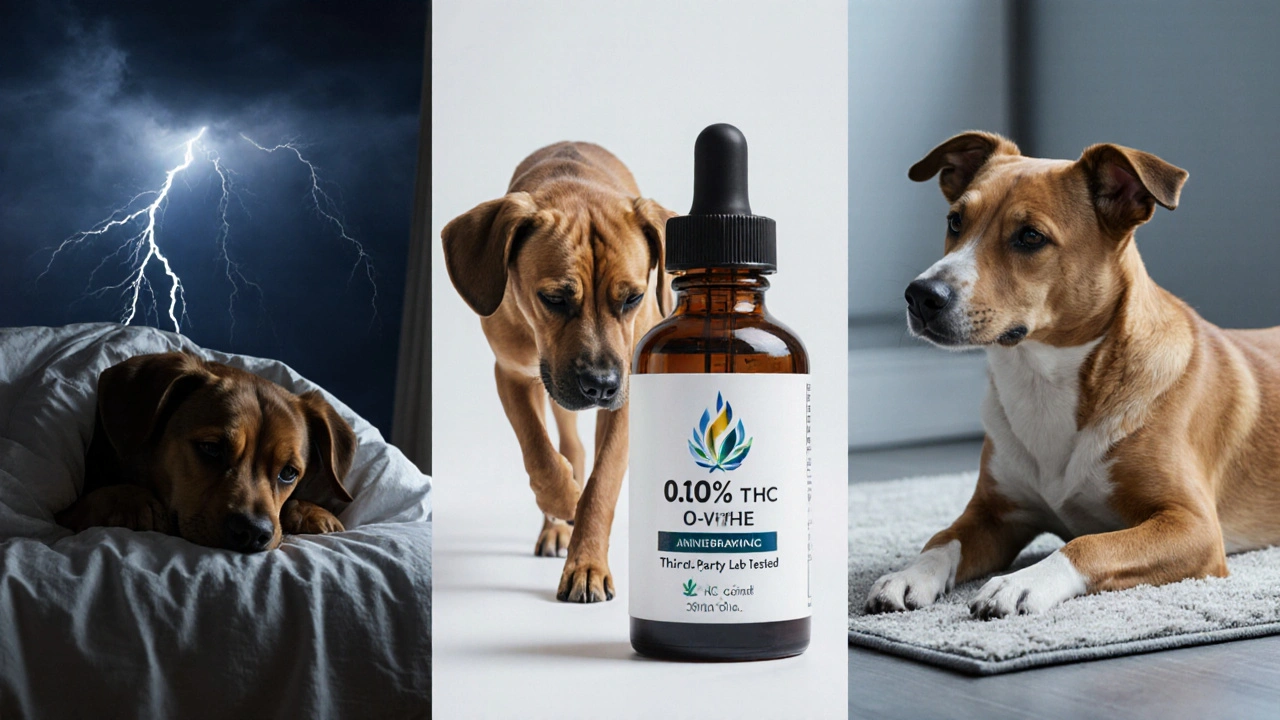 Tři psi: jeden se skrývá, jeden limpt, jeden je klidný – CBD jako nástroj úlevy, ne štěstí.