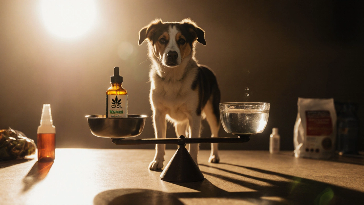 Váha s CBD olejem a vodní míší, pes mezi nimi, symbolizující rovnováhu.