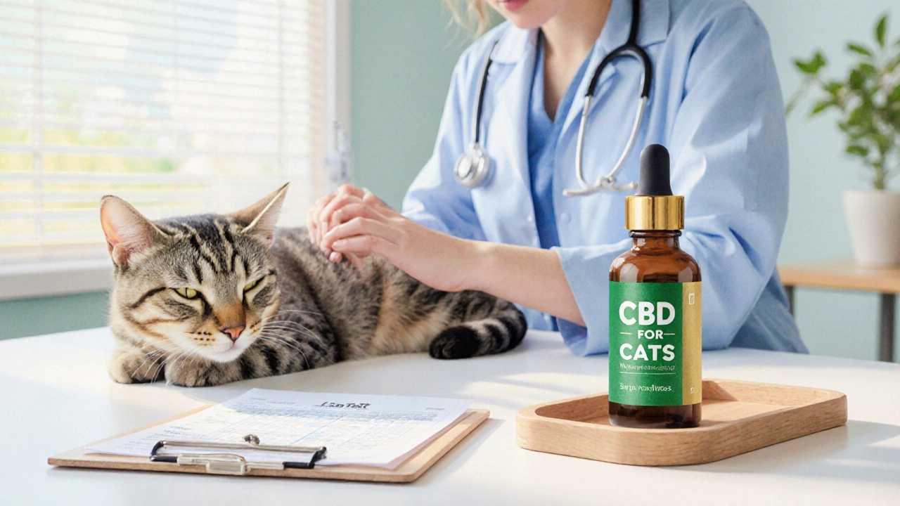 Veterinář kontroluje kočku, vedle stojí láhev s CBD pro kočky a certifikáty kvality.
