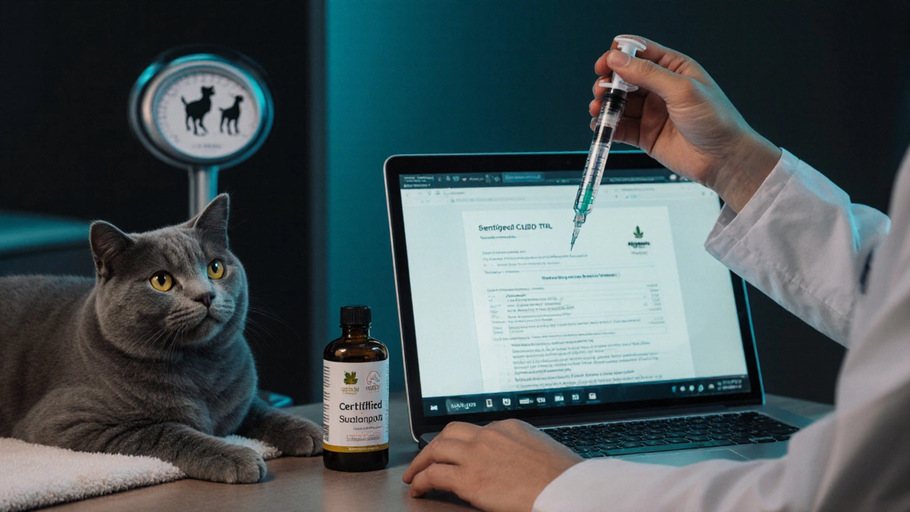 Veterinář kontroluje laboratorní zprávu o CBD vedle kočky a psa.
