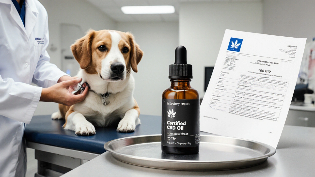 Veterinář kontroluje psa a kontroluje certifikovaný CBD produkt s protokolovým listem.