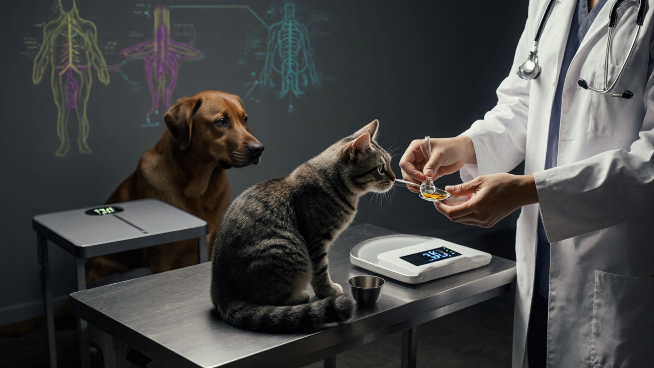 Veterinář podává CBD olej kočce a psovi na vyšetřovacích stolech vedle vah.