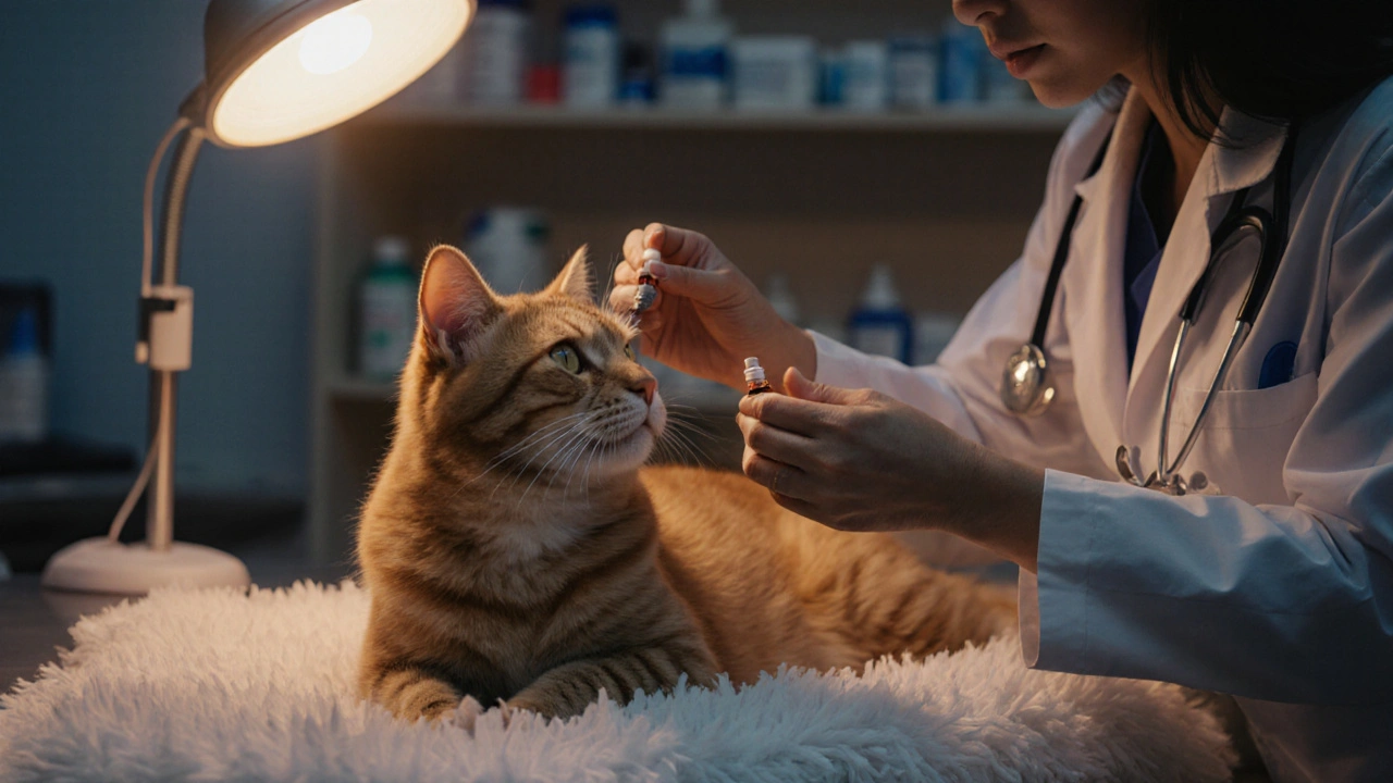 Veterinář podává CBD olej starší kočce, klidná klinická scéna.