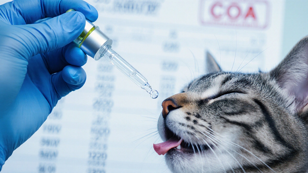 Veterinář podává kapky CBD oleje na jazyk kočky v klinickém prostředí.