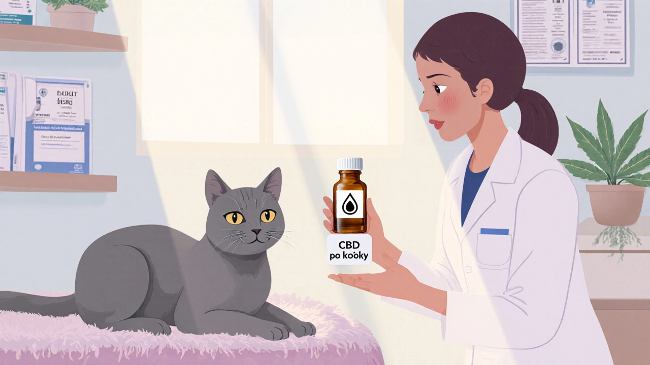 Veterinář podává kočce certifikované CBD v klinické místnosti.