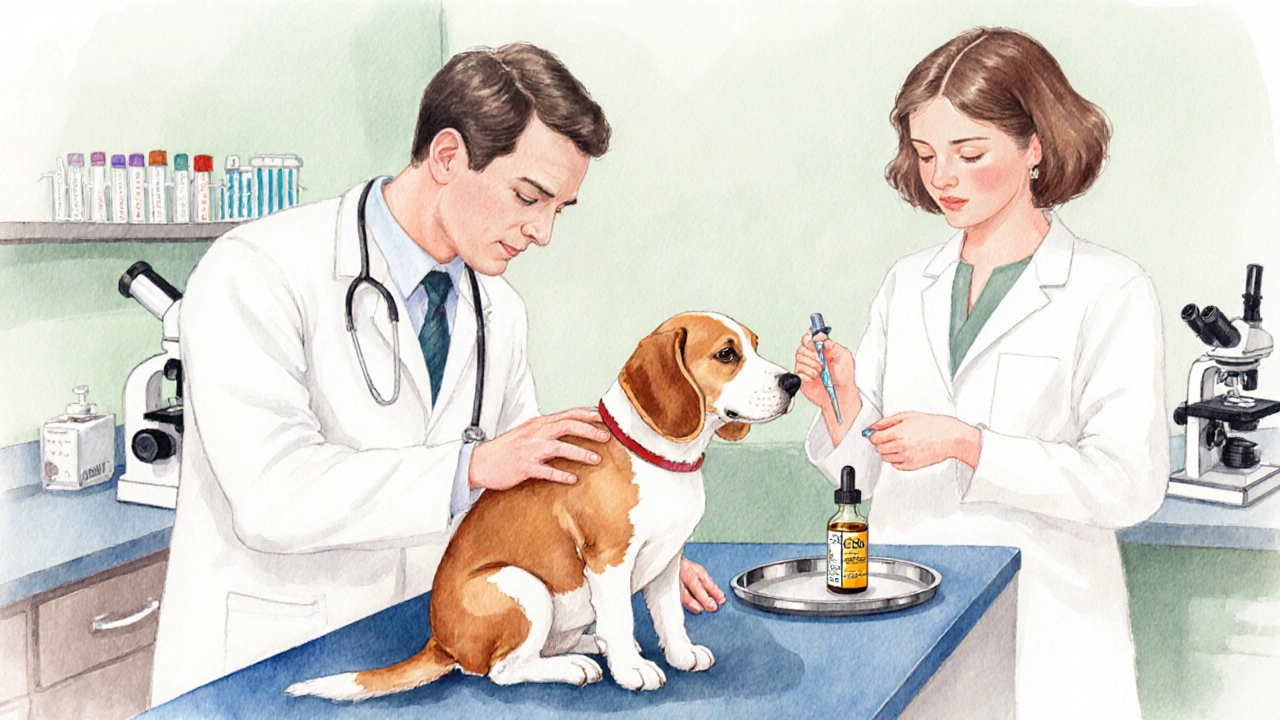 Veterinář prohlíží psa v klinice, na stole stojí láhev CBD oleje.