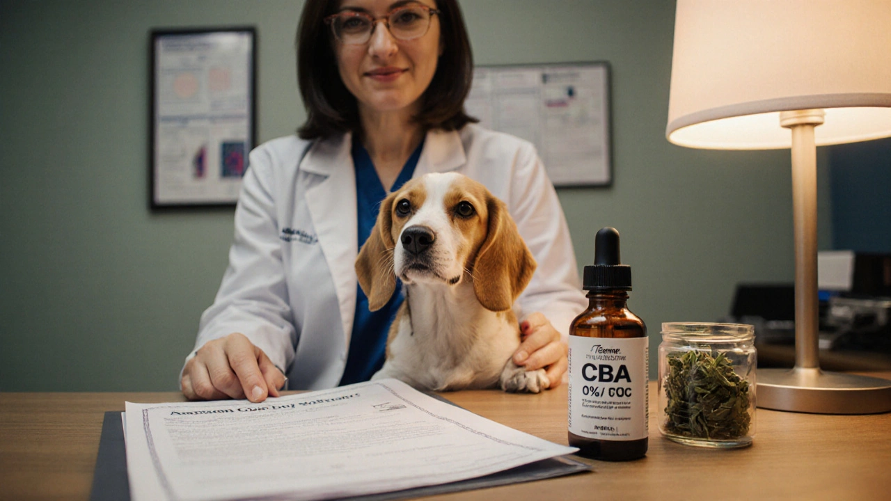 Veterinář s Beaglem ukazuje certifikát COA a láhev CBD oleje.