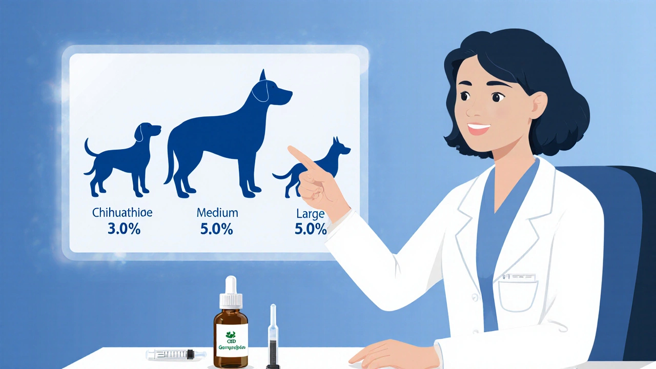 Veterinář ukazuje holografické dávkování CBD pro psy různých velikostí.