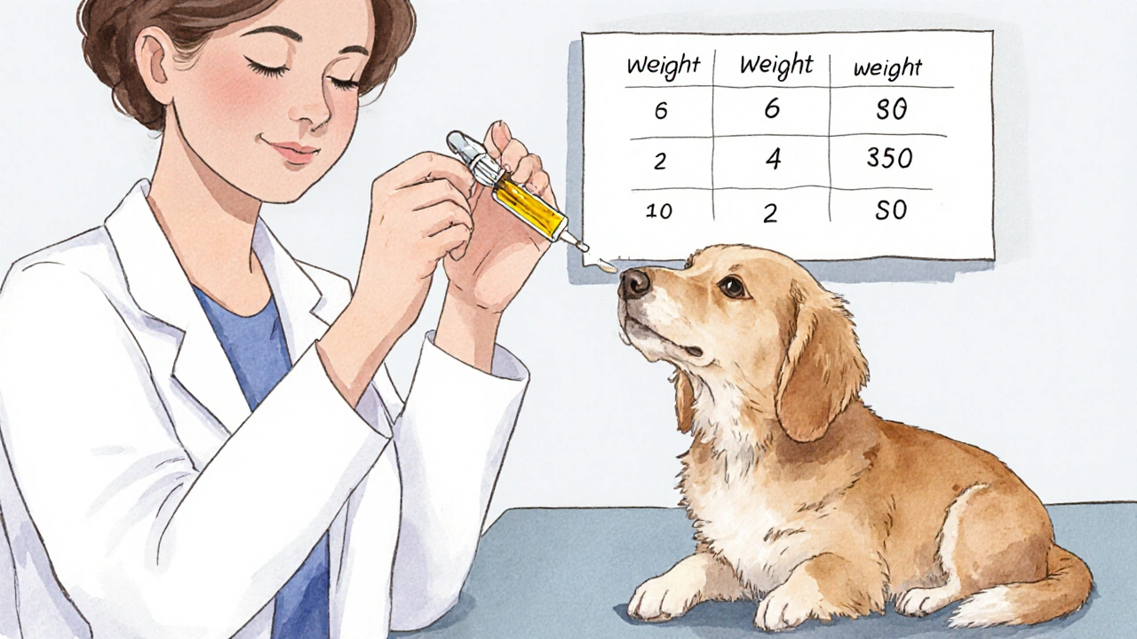 Veterinář ukazuje kapátko při dávkování CBD oleje psovi.