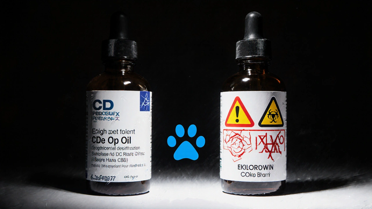 Dva CBD produkty vedle sebe: bezpečný pro zvířata a nebezpečný podvod, rozdělené stopou.