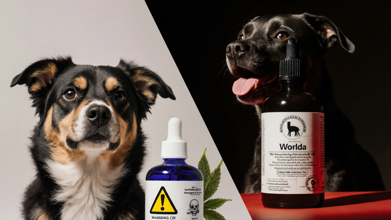 Dva scénáře: špatný CBD produkt vlevo a bezpečný s certifikací vpravo.