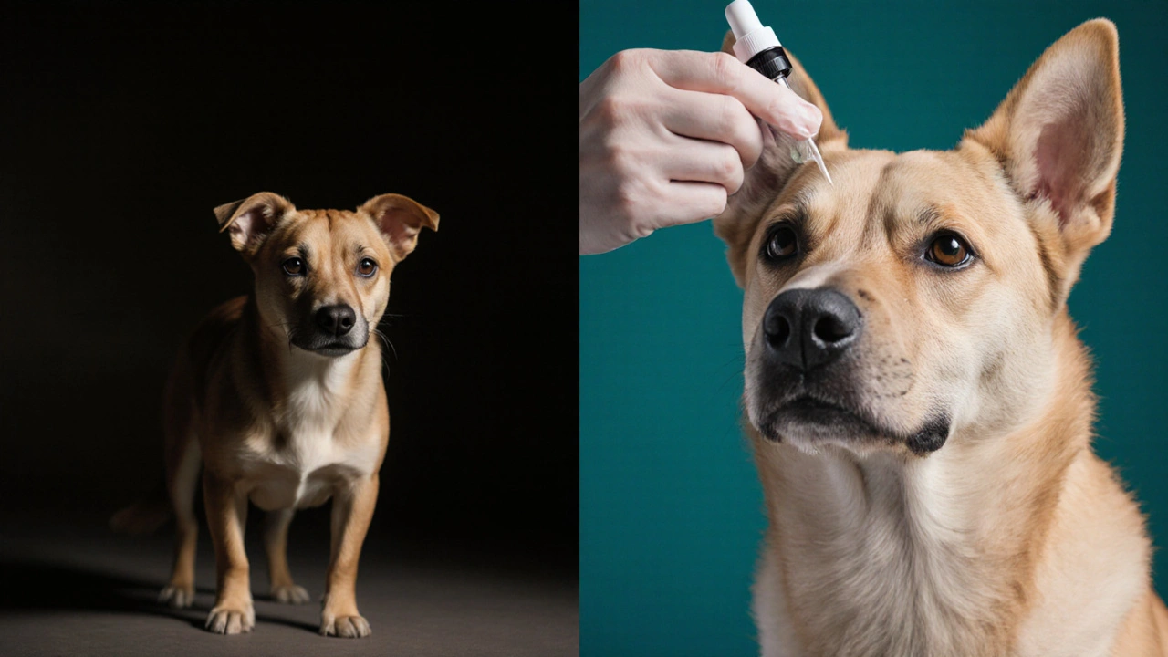 Dvojí scéna: pes s příznaky předávkování vlevo a správné podání CBD vpravo.