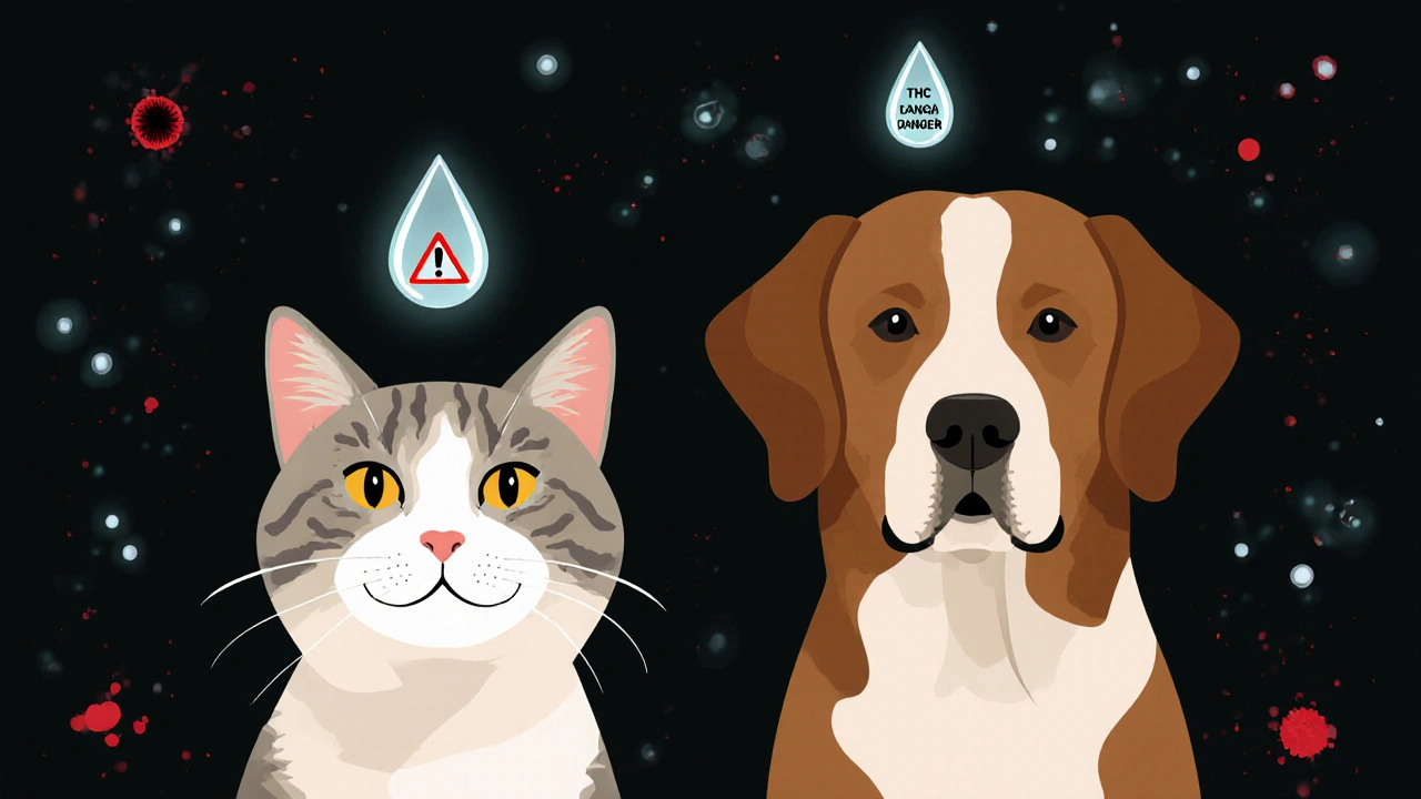 Kočka a pes s kapkami CBD a varováním THC nad hlavami.