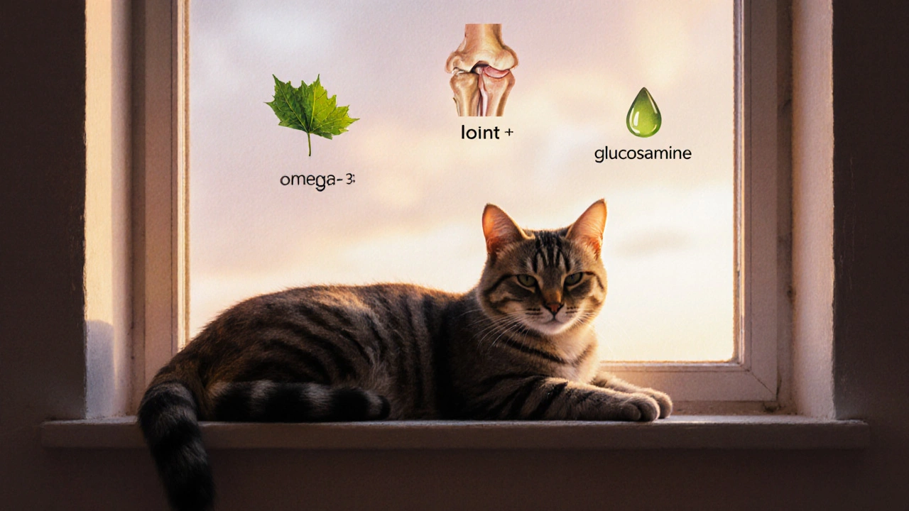 Kočka klidně odpočívá na okně, symbolizující klid a přírodní podporu.