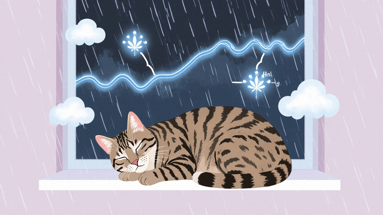 Kočka klidně spí na okně, kolem ní symboly úlevy od úzkosti, venku bouřka.