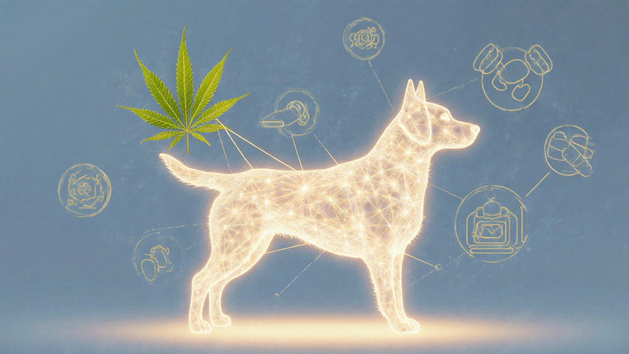 Koncepční obrázek psa s aktivními endokanabinoidními receptory spojenými s listem konopí.