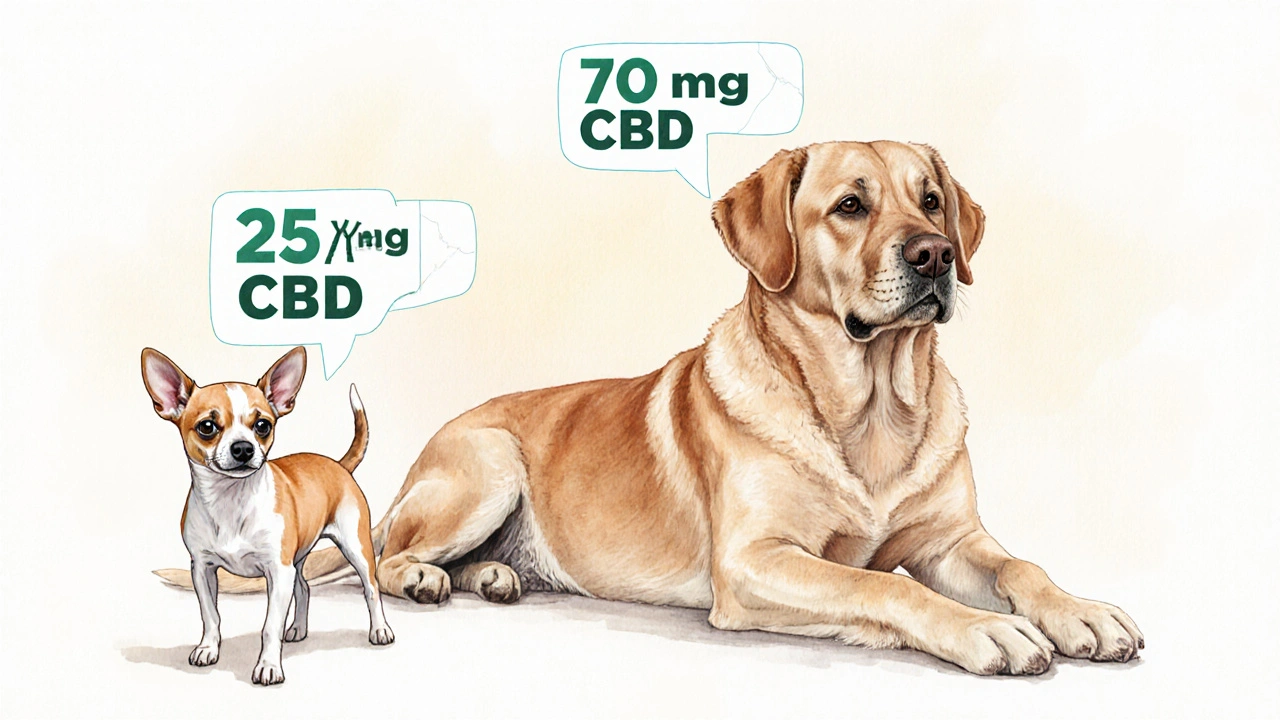 Malý a velký pes vedle sebe, jeden zmatený, druhý klidný, s různými dávkami CBD.