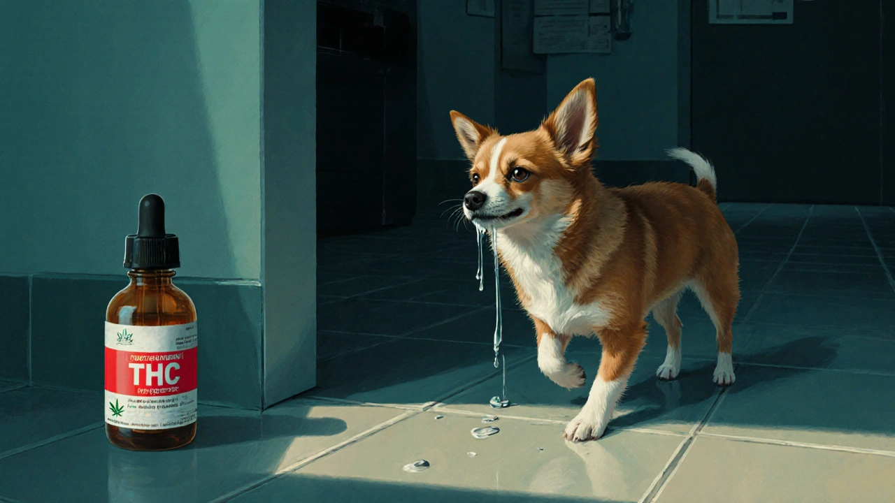 Malý pes se opírá o zeď, má přebytečné sliny a zmatený výraz.