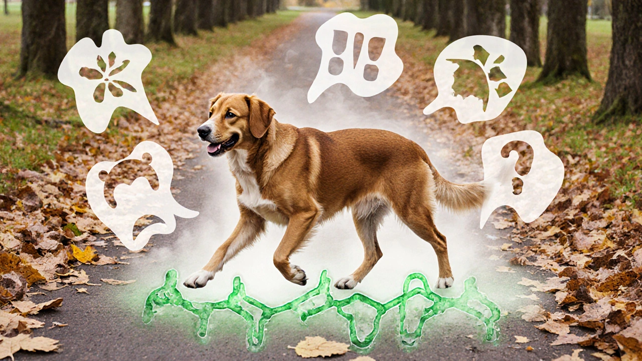 Pes klidně kráčí po cestě, zatímco jeho strach a bolest mizí jako mlha.