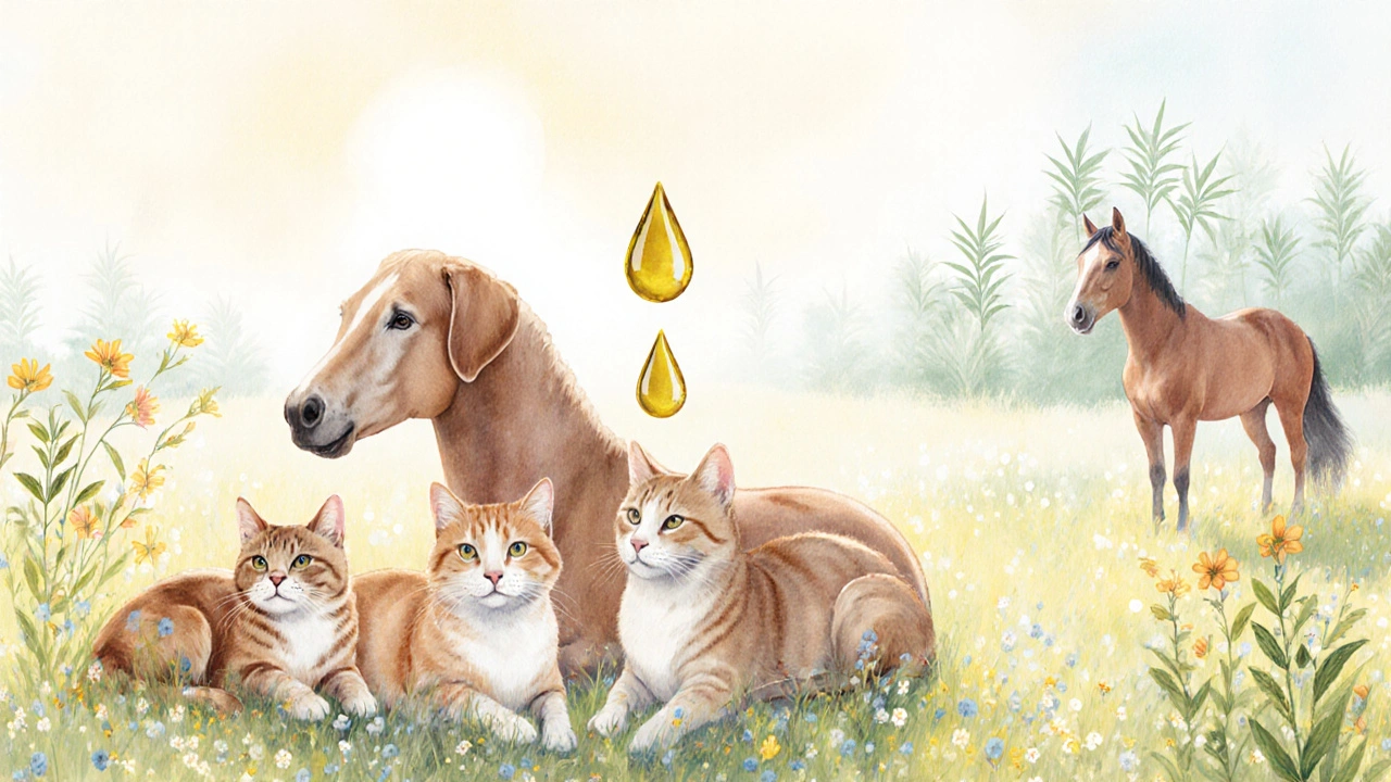 Pes, kočka a kůň klidně odpočívají v louce, symbolizujíce účinek CBD na bolest a úzkost.