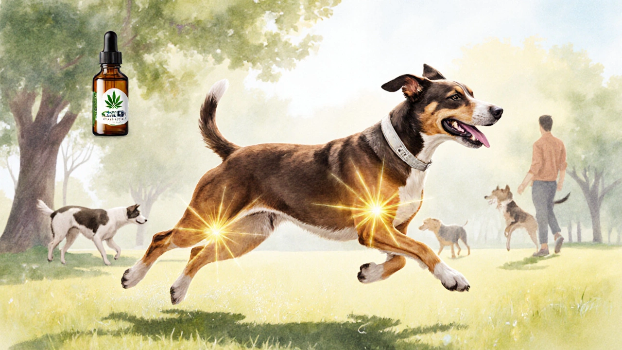 Pes radostně běží v parku, symbolicky osvětlený zlatým zářením na kloubech.