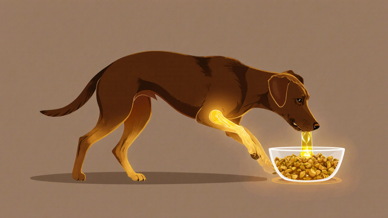 Pes se pohybuje s úlevou, z jídla vychází zlatý světlo, symbolizující účinné vstřebávání CBD.