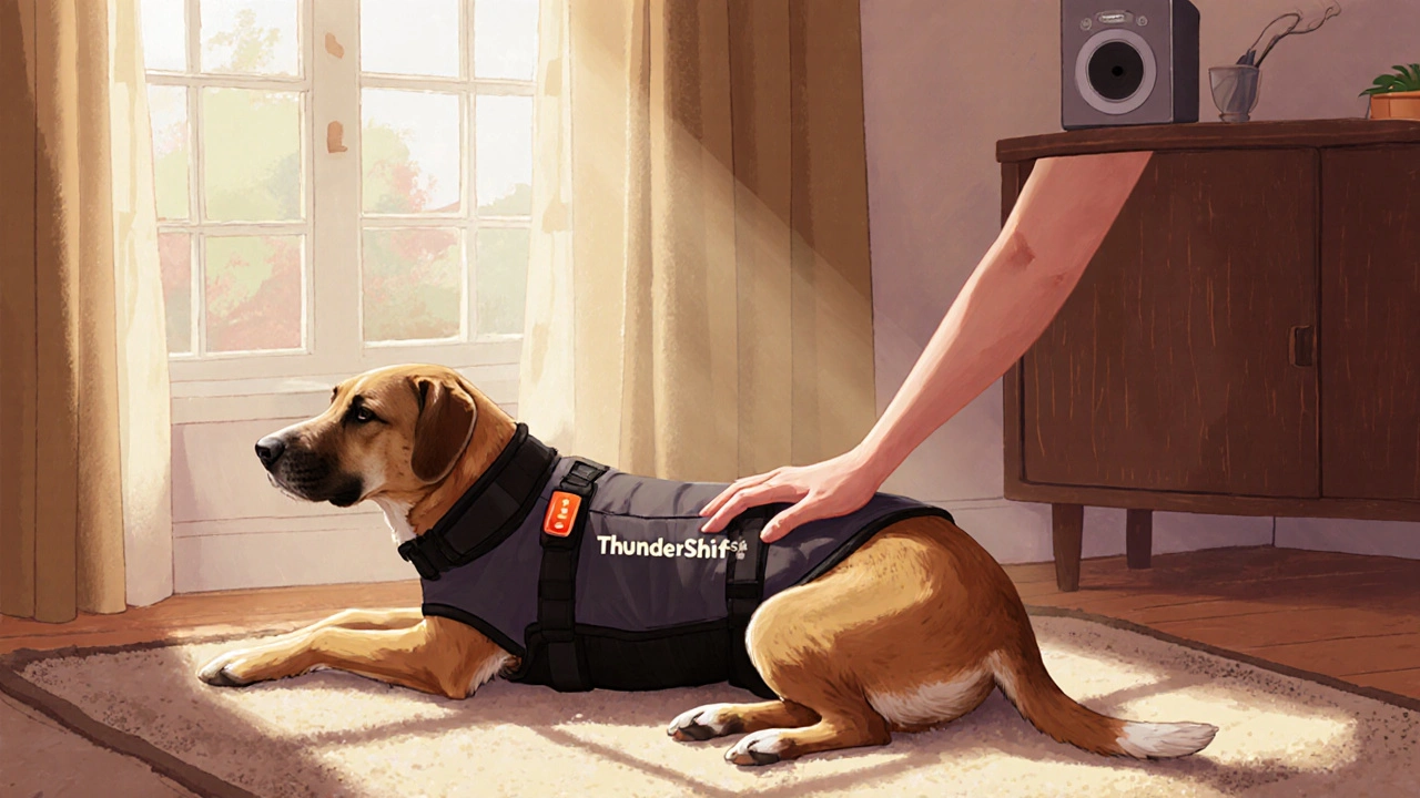 Pes v těsném kalming vestu klidně leží, poslouchá uklidňující hudbu, ruka ho jemně masíruje.