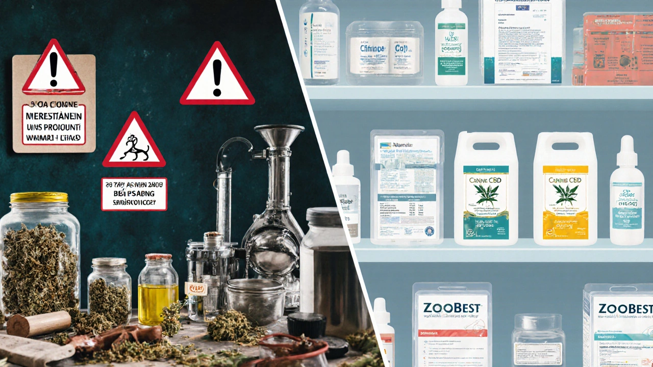 Porovnání nebezpečné domácí výroby CBD a legálních produktů pro zvířata.