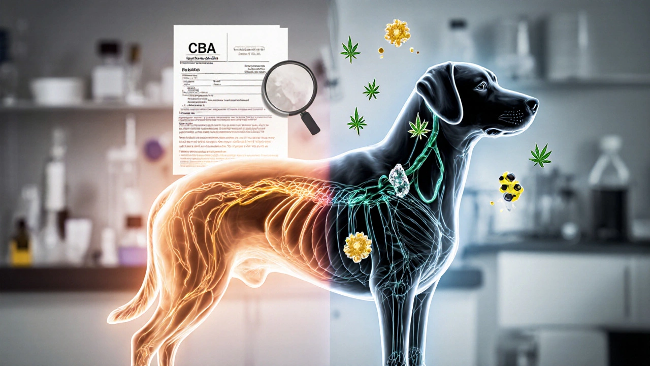 Průhledný pes s vnitřními cestami CBD: čistá cesta vpravo, škodlivé látky vlevo, v pozadí laboratorní přístroje.