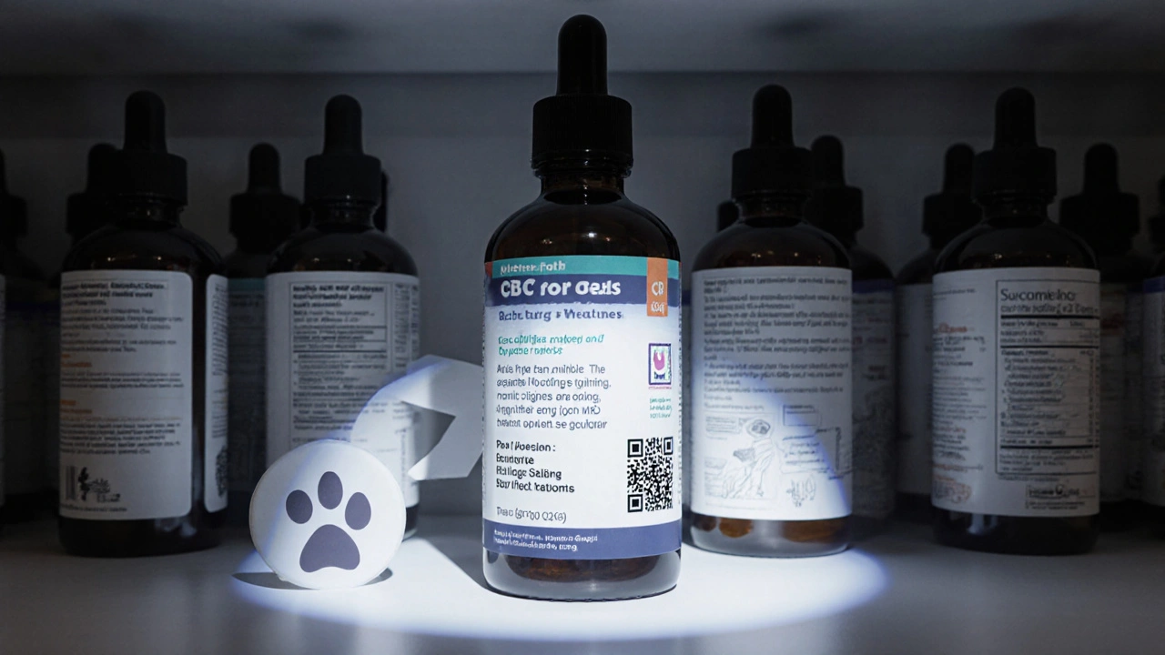 Regál s CBD produkty pro psy, jen jedna láhev má jasný popis, COA a veterinářský razítko, ostatní jsou ve stínu.