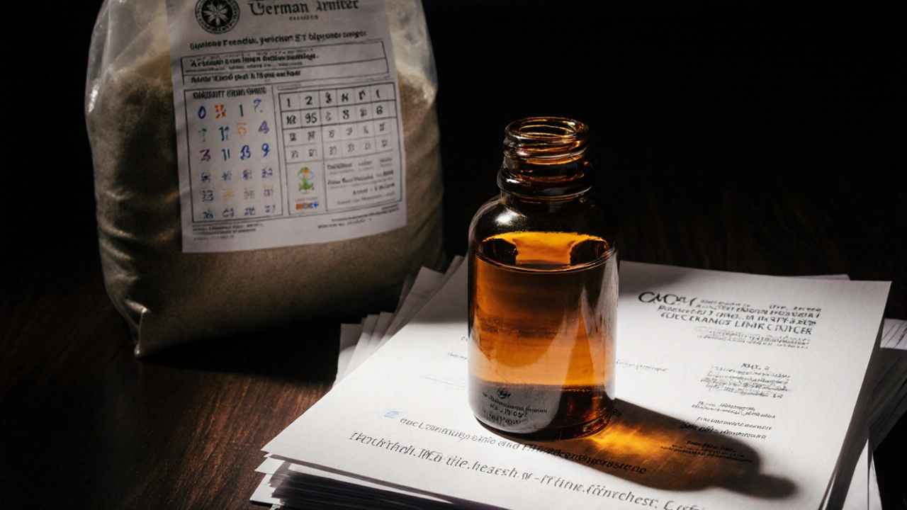 Skleněná lahvička s CBD olejem vedle legálního konopí a veterinárních výzkumů.