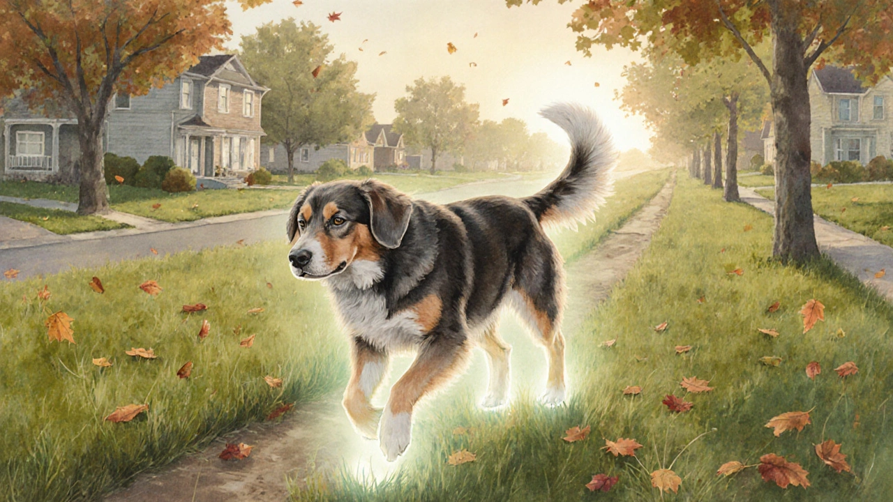 Starší pes se klidně prochází bez bolesti v lese.