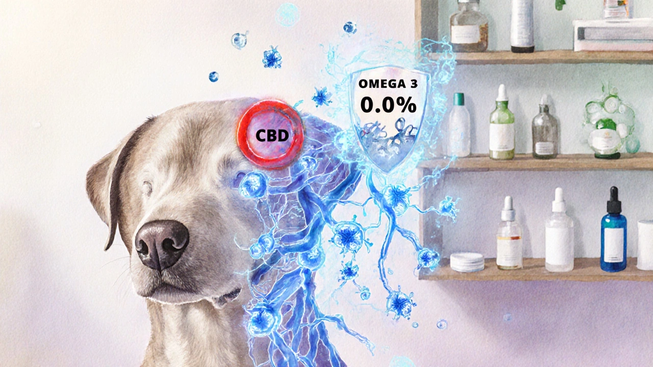 Stylizovaný náčrt endokanabinoidního systému psa s CBD molekulami a blokovaným THC.