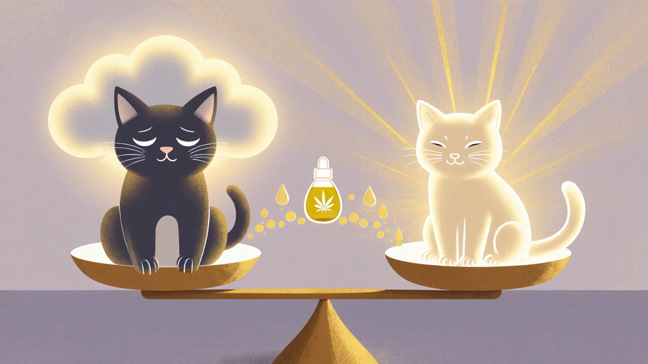 Symbolický obraz vyvážené kočky mezi stresem a klidem.