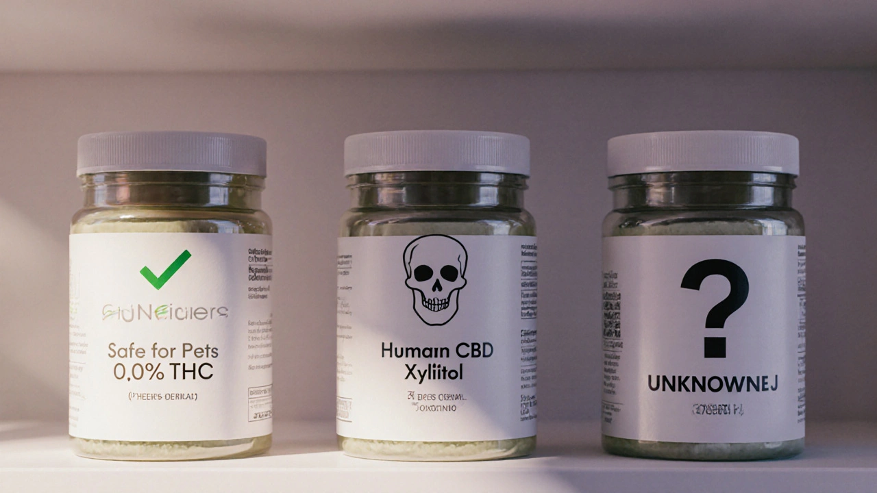 Tři lahve CBD na polici: bezpečná, nebezpečná a neznámá.