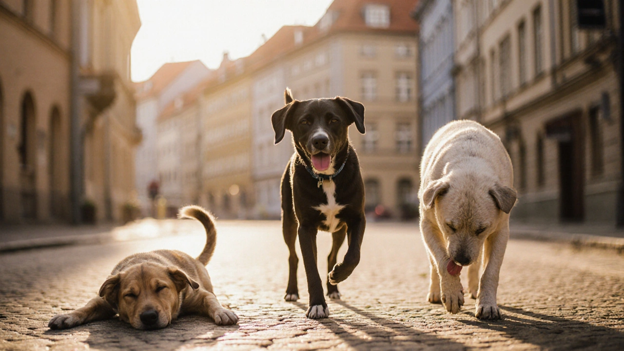 Tři psi různých věků ukazují příznaky úlevy od bolesti a úzkosti.