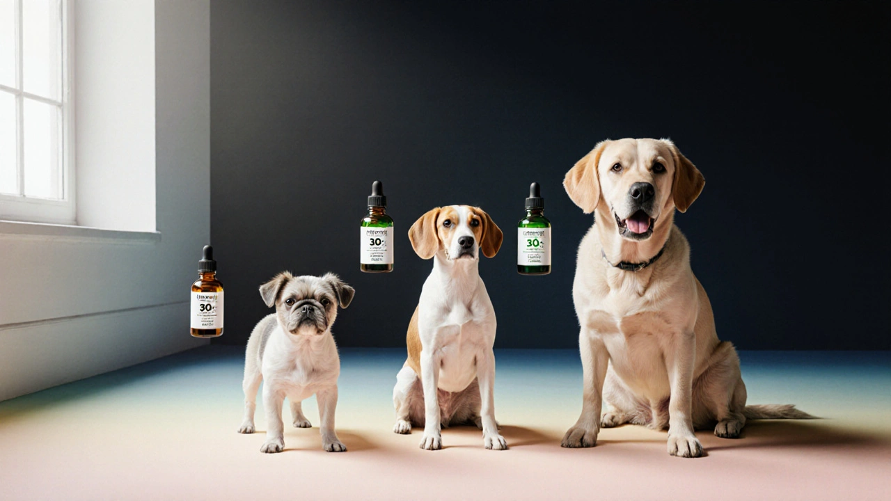 Tři psy různých plemen dostávají individuální dávky CBD s různými poměry CBD:THC.