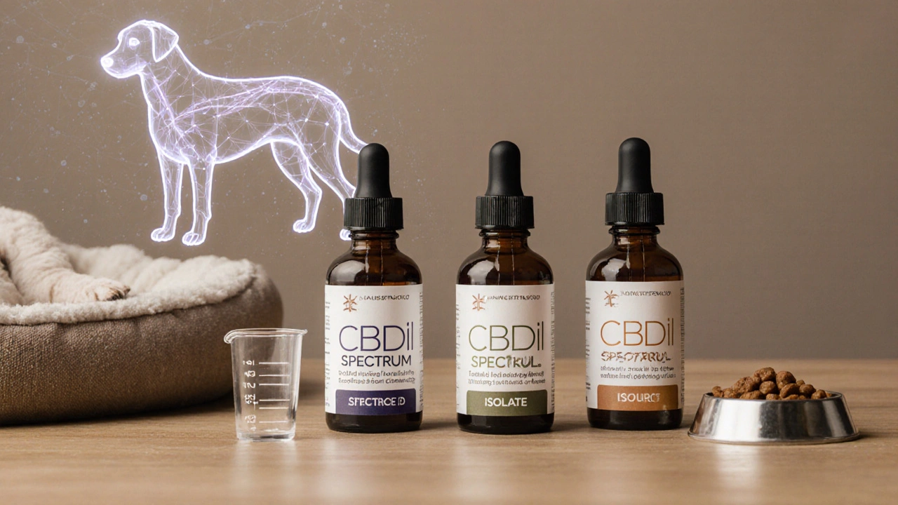 Tři typy CBD olejů na stole vedle pipety a psího ložiska s grafickým znázorněním endokanabinoidního systému.