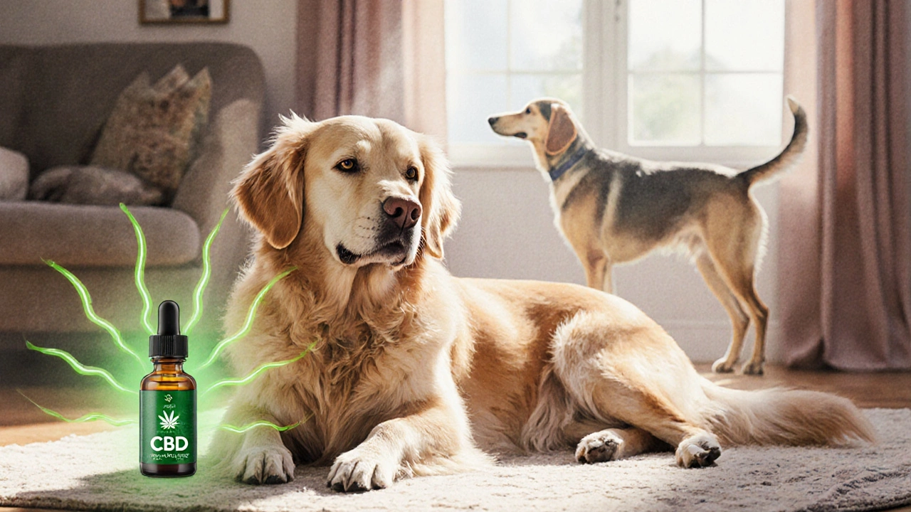 Uklidněný zlatý retrívr leží v klidu, kolem něj jemné zelené vlny symbolizující účinek CBD.