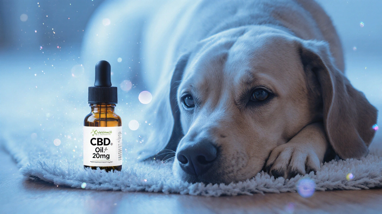 Velký pes klidně leží vedle lahvičky CBD oleje s nízkou koncentrací 2 %.